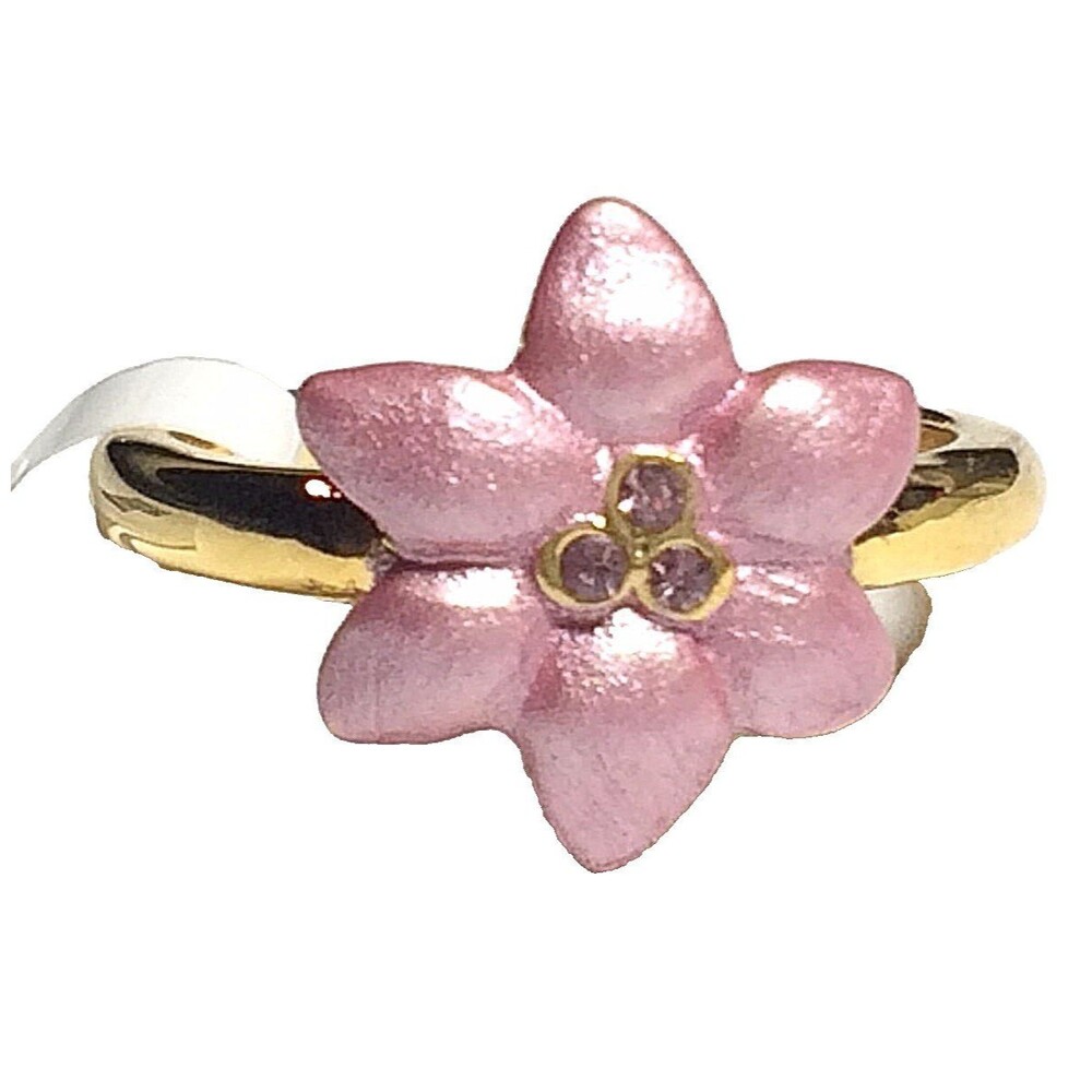 Gold Plated Plumeria Flower Pink Enamel Ring Size 7 Island Hawaiian Crystal